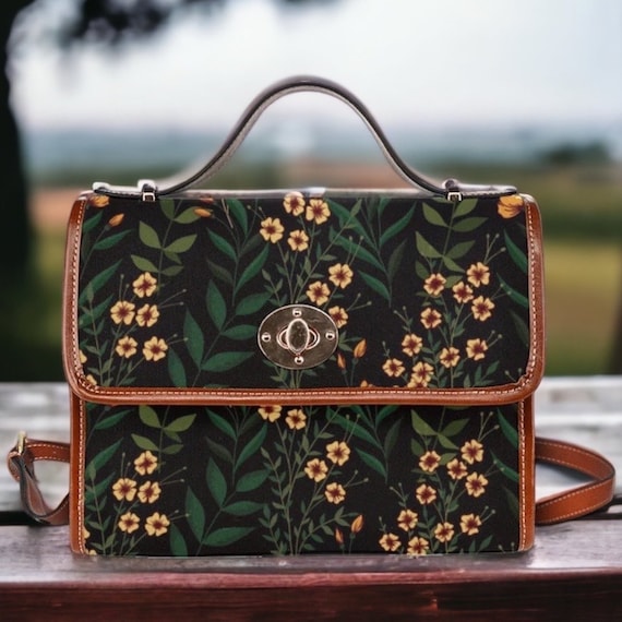 Cottagecore Flowers Canvas Satchel bag, Boho Handbag, black crossed body purse, vegan leather strap hand bag goth bag, boho hippies gift
