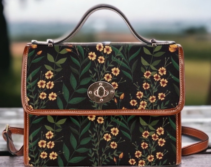 Cottagecore Flowers Canvas Satchel bag, Boho Handbag, black crossed body purse, vegan leather strap hand bag goth bag, boho hippies gift