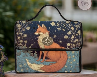 Celestial Fox Retro Canvas Satchel bag, Cottagecore starry celestial crossbody purse, cute vegan leather strap goth bag, hippies boho gift