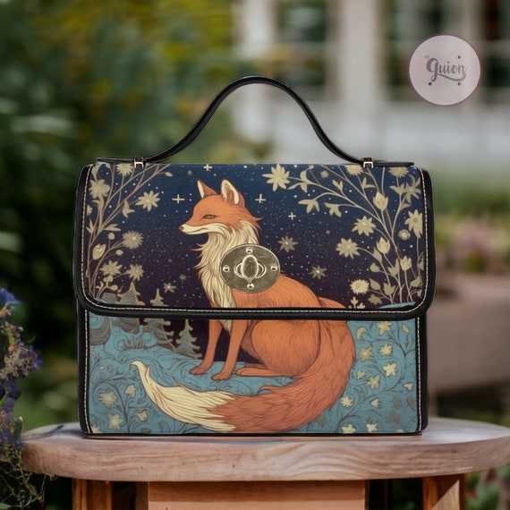 Celestial Fox Retro Canvas Satchel bag, Cottagecore starry celestial crossbody purse, cute vegan leather strap goth bag, hippies boho gift