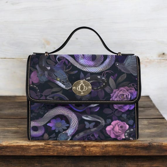 Cottagecore Purple Snake Canvas Satchel bag, Roses Witch Moon Phases Crossed body waterproof canvas hand bag, goth bag, hippies boho gift