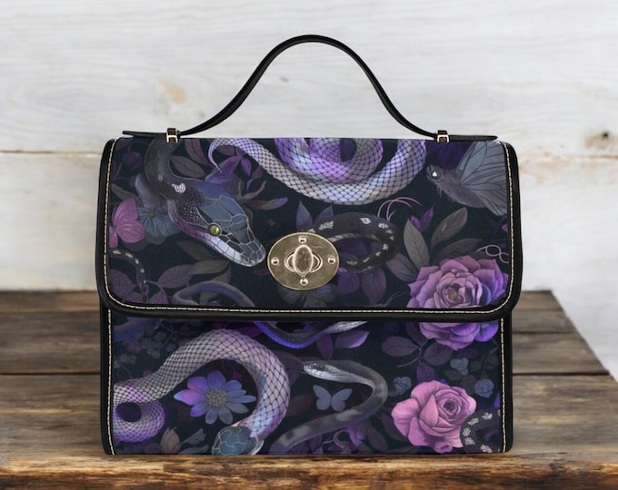 Cottagecore Purple Snake Canvas Satchel bag, Roses Witch Moon Phases Crossed body waterproof canvas hand bag, goth bag, hippies boho gift