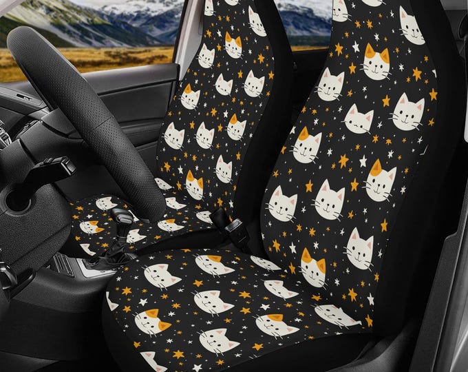Kawaii cute cats boho Car Seat Cover Set, Cute car decor interior car accessories, Cat lovers car gift seat protectors, car interior decor