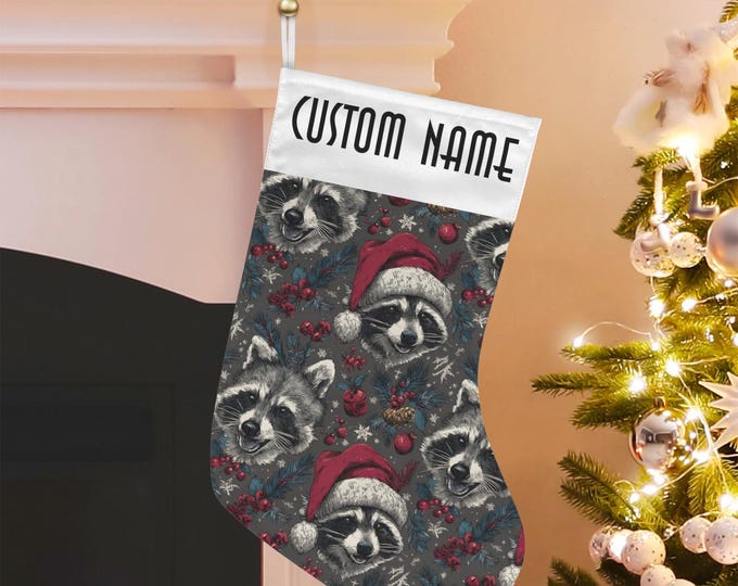 Custom Christmas Stocking, Cute Santa Raccoon Custom Stuffer, Cottagecore Goblincore Christmas Stocking, dark academia witchy gift
