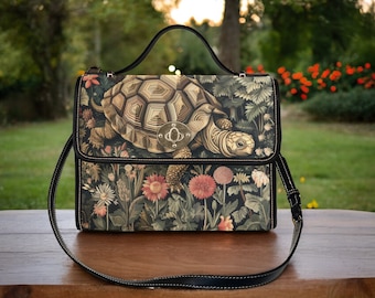 Cottagecore turtle Canvas Satchel bag, Botanical forestcore crossbody purse, boho turtle Vegan leather trim whimsy mini messenger goth bag