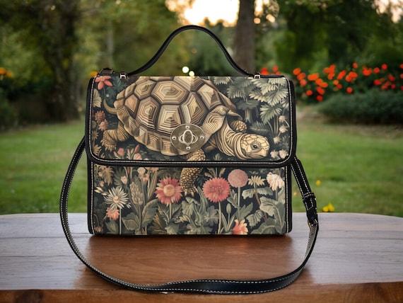 Cottagecore turtle Canvas Satchel bag, Botanical forestcore crossbody purse, boho turtle Vegan leather trim whimsy mini messenger goth bag
