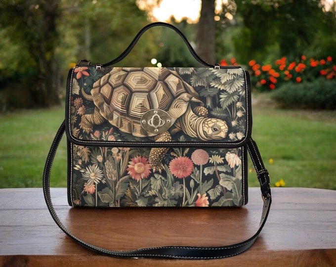 Cottagecore turtle Canvas Satchel bag, Botanical forestcore crossbody purse, boho turtle Vegan leather trim whimsy mini messenger goth bag