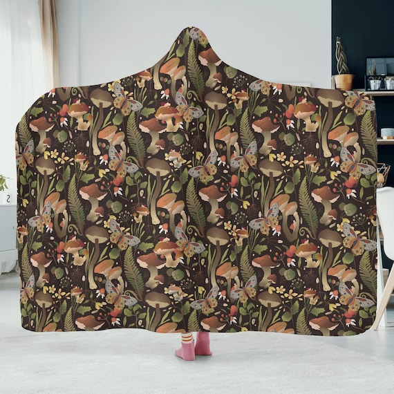 Boho Cottagecore Nature Forest Hooded Blanket, mushroom blanket, Festival Blanket, Mushroom Hooded Blanket for Travelers and Campers Gift