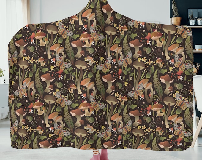Boho Cottagecore Nature Forest Hooded Blanket, mushroom blanket, Festival Blanket, Mushroom Hooded Blanket for Travelers and Campers Gift
