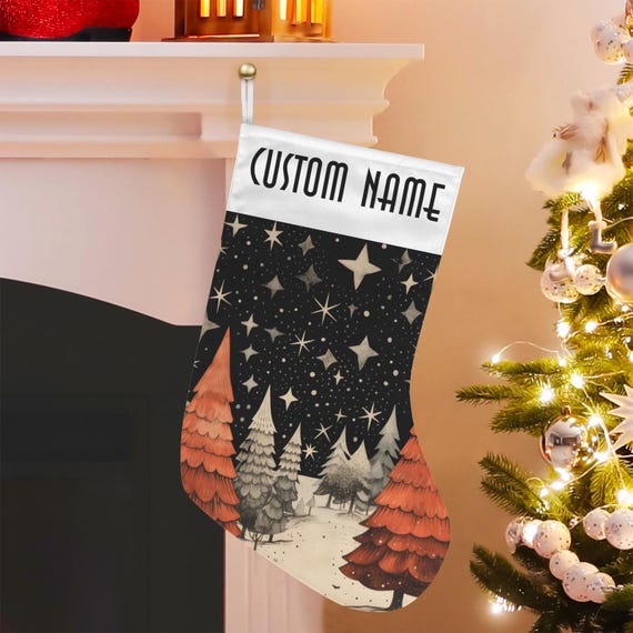 Starry Pine Forest Xmas Stocking, Cute Christmas Forest Custom Stuffer, Cottagecore Fairycore Christmas Stocking, dark academia witchy gift