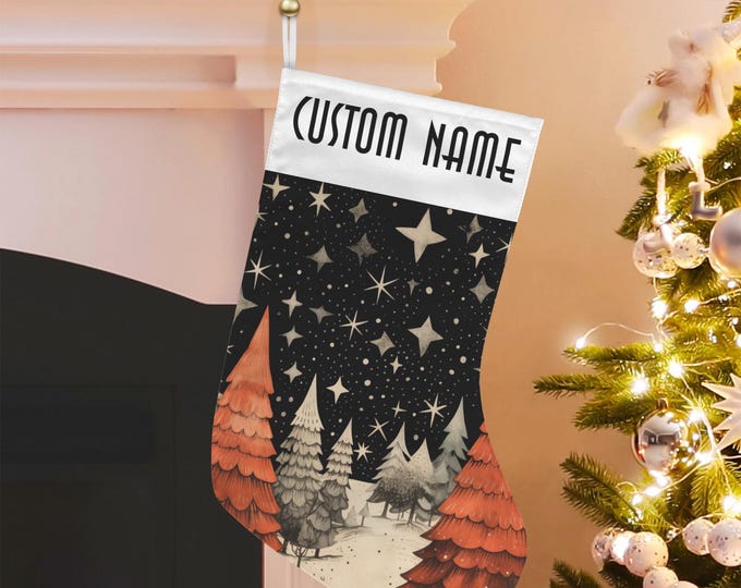 Starry Pine Forest Xmas Stocking, Cute Christmas Forest Custom Stuffer, Cottagecore Fairycore Christmas Stocking, dark academia witchy gift