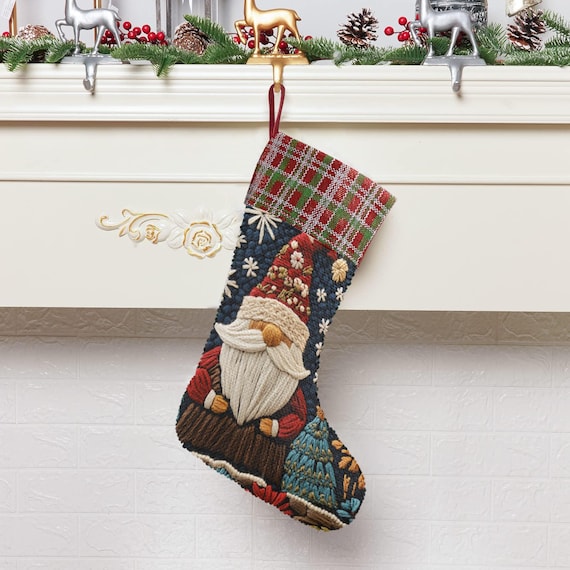 Cute Christmas Gnome Sequin Stocking, Perfect for stuffing Santa's Gifts, Mushroom Fireplace Decor, Boho Christmas, Cute Holliday gift idea