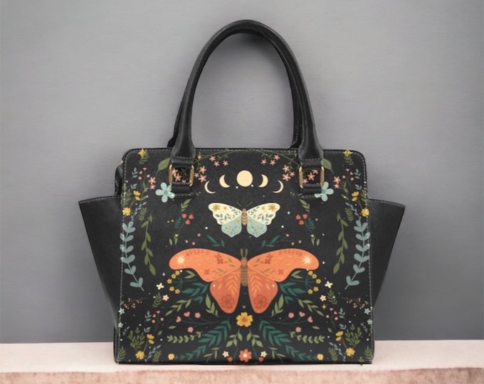 Moon phases botanical moth shoulder bag, Cottagecore witchy moth handbag goth purse, cute vegan leather hand bag goth bag, hippies boho gift