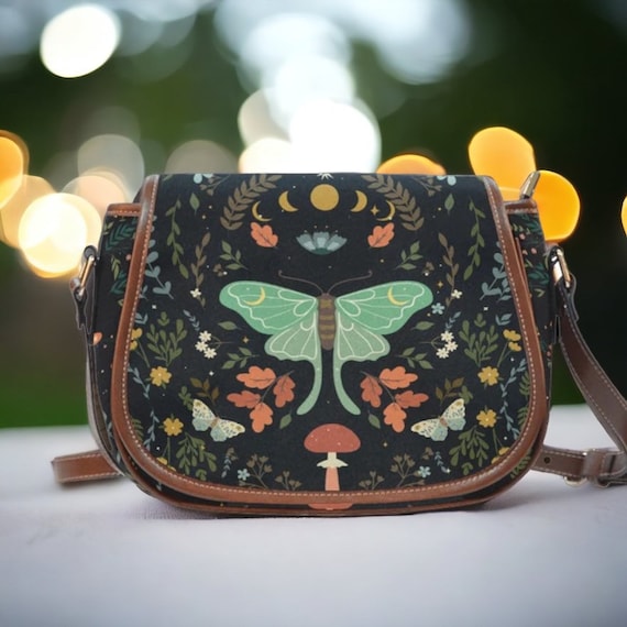 Fall leaves Moon Phase Canvas saddle bag, Dark cottagecore Mushroom witch Moth Halloween crossbody bag Vegan leather trims Boho Hippies gift