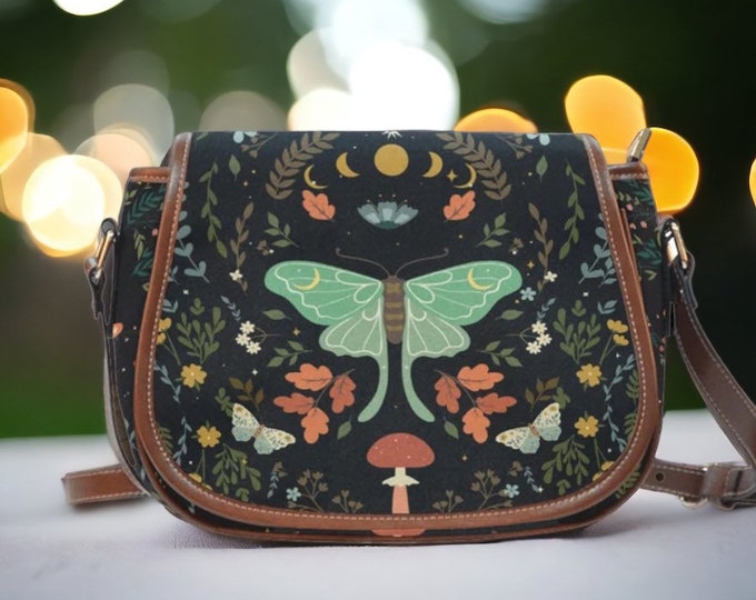 Fall leaves Moon Phase Canvas saddle bag, Dark cottagecore Mushroom witch Moth Halloween crossbody bag Vegan leather trims Boho Hippies gift