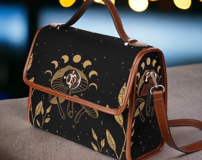 Cottagecore witchy moon phases mushroom bag, women mushroom crossed body purse, cute vegan leather strap hand bag goth bag hippies boho gift
