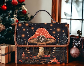 Cottagecore witch Canvas Satchel bag, Cute women mushroom crossed body purse, cute vegan leather strap hand bag goth bag, hippies boho gift