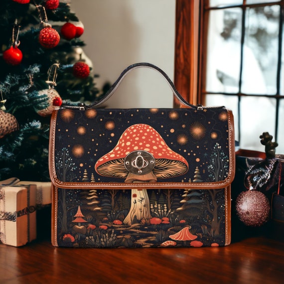 Cottagecore witch Canvas Satchel bag, Cute women mushroom crossed body purse, cute vegan leather strap hand bag goth bag, hippies boho gift