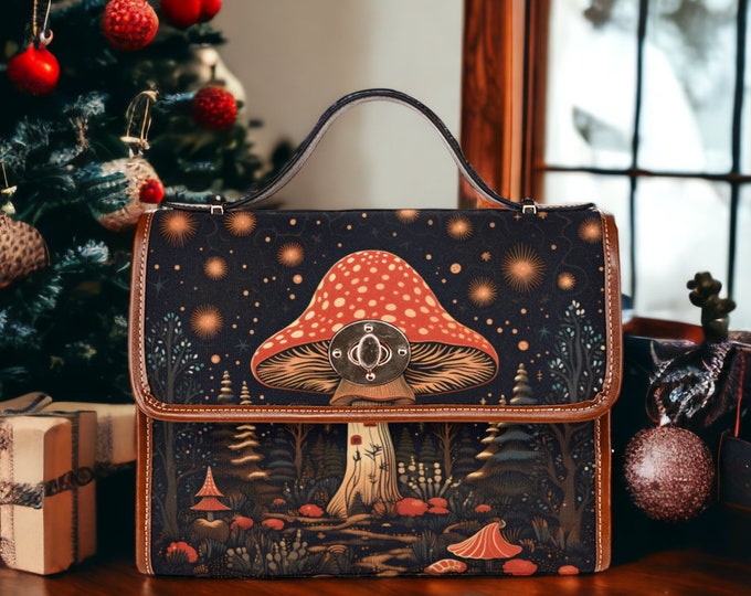 Cottagecore witch Canvas Satchel bag, Cute women mushroom crossed body purse, cute vegan leather strap hand bag goth bag, hippies boho gift