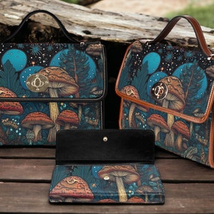 May include: Two brown leather handbags with a dark blue and green mushroom print. The handbags have a flap closure with a gold metal clasp. The handbags are on a wooden surface.
