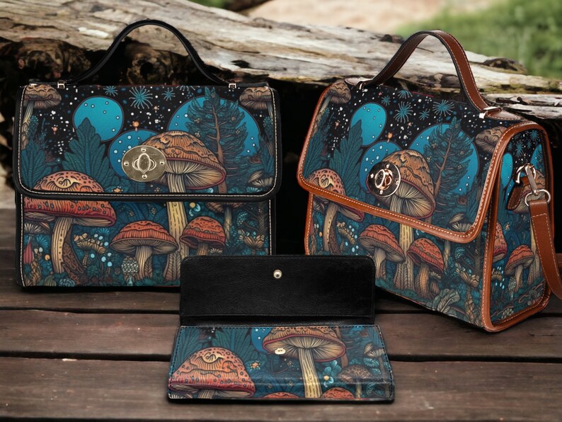 May include: Two brown leather handbags with a dark blue and green mushroom print. The handbags have a flap closure with a gold metal clasp. The handbags are on a wooden surface.