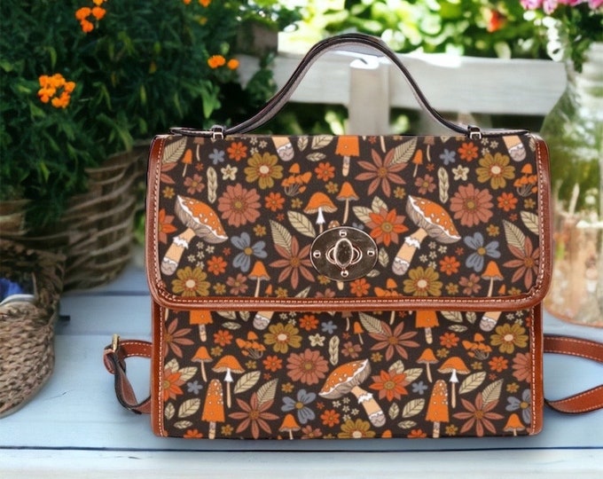 Cottagecore Hippie Daisy floral Canvas Satchel bag, Cute women boho crossed body purse, cute vegan leather strap hand bag, hippies boho gift