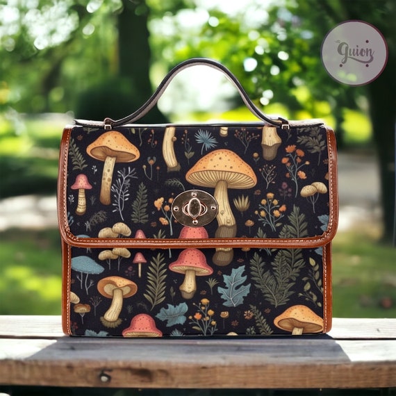 Boho Cottagecore Witchy Mushroom Fern Canvas Satchel bag, Cute women goth boho crossed body purse, pu leather strap hand bag, boho witch bag