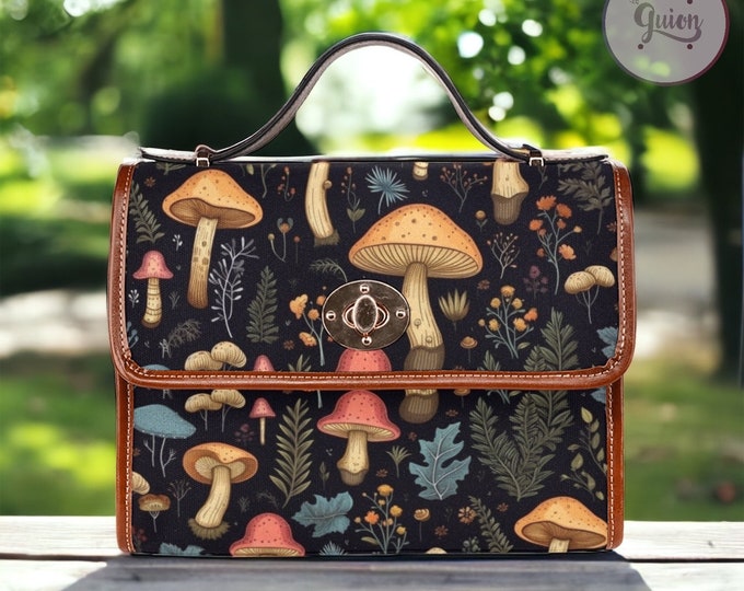 Boho Cottagecore Witchy Mushroom Fern Canvas Satchel bag, Cute women goth boho crossed body purse, pu leather strap hand bag, boho witch bag