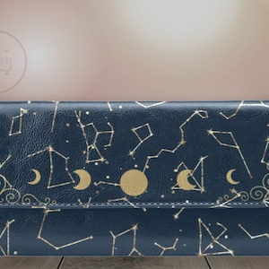Cartera triple celestial con fases lunares y constelaciones, bonita cartera de piel sintética vegana, cartera bohemia de bruja kawaii para mujer, bonita cartera larga