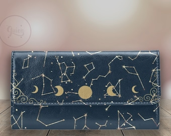 Constellations Moon Phases Celestial Trifold wallet, Cute Vegan PU Leather wallet, kawaii witch Boho women Wallet, cute Long wallet purse