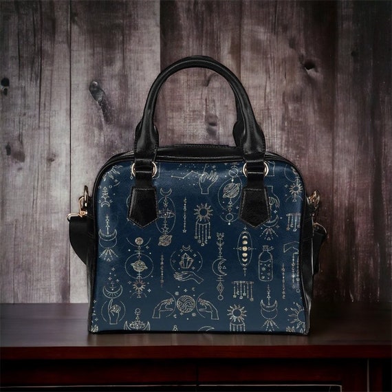Kawaii Goth Astrology Cottagecore magic Witch bowler handbag, Pagan Witch Occult aesthetic Cute PU Vegan leather shoulder strap purse bag