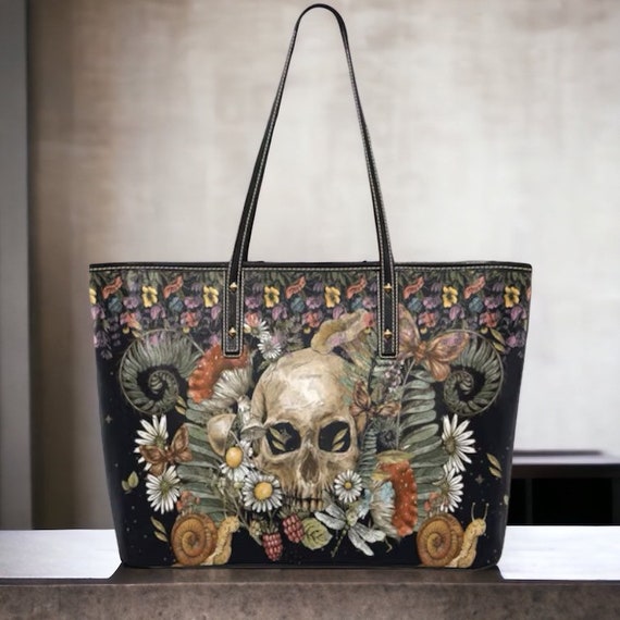 Witchy Bag Skull large tote bag, Vegan leather bag, Cute Goth bag big zip tote, witchy purse, Cute witchy skull florals bag, witchy purse