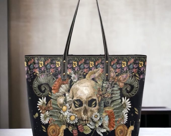 Witchy Bag Skull large tote bag, Vegan leather bag, Cute Goth bag big zip tote, witchy purse, Cute witchy skull florals bag, witchy purse