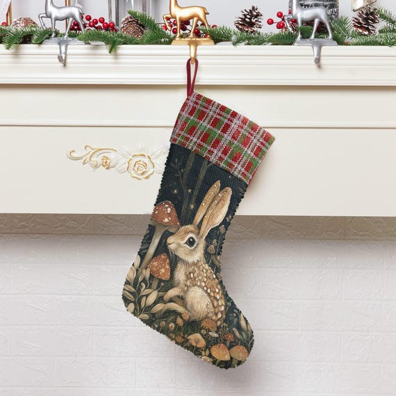 Boho Witch Rabbit Sequin Stocking, Perfect for stuffing Santa's Gifts, Mushroom Fireplace Decor, Animal Forest Christmas, Holliday gift idea