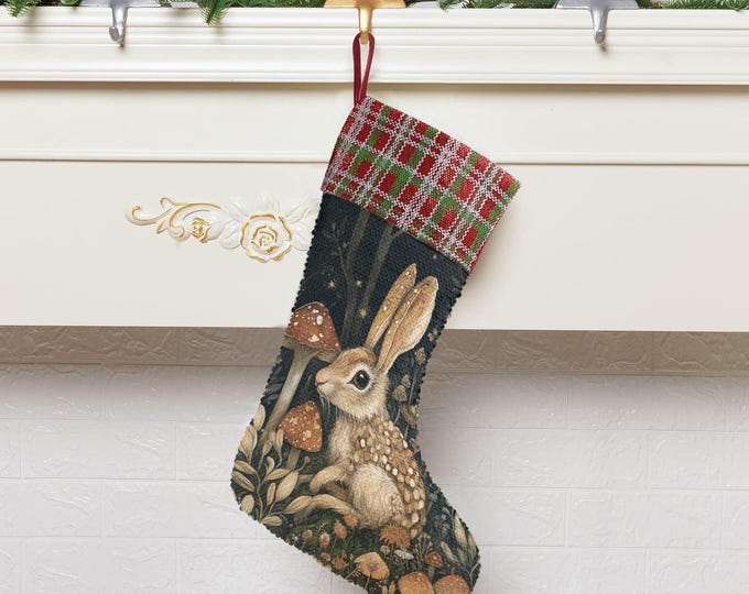 Boho Witch Rabbit Sequin Stocking, Perfect for stuffing Santa's Gifts, Mushroom Fireplace Decor, Animal Forest Christmas, Holliday gift idea