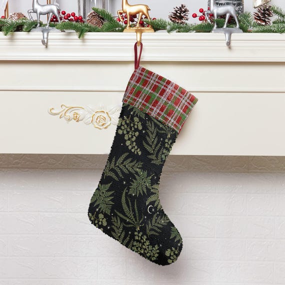Celestial Ferns Forest Sequin Stocking, Perfect for stuffing Santa's Gifts, Fireplace hang, Christmas gift decor, Fern Holliday stuffer