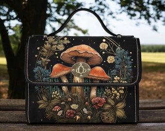 Cottagecore witch Canvas Satchel bag, Cute Mushroom Moon crossed body purse, Goblincore Dark Forest Bag, Witchy Mushroom Bag