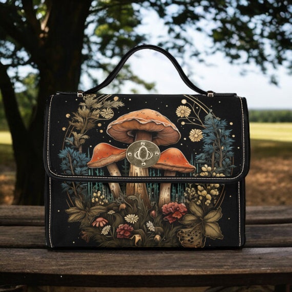 Cottagecore witch Canvas Satchel bag, Cute Mushroom Moon crossed body purse, Goblincore Dark Forest Bag, Witchy Mushroom Bag