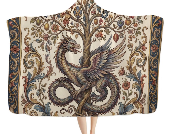 Boho Medieval Dragon Tree of Life hooded blanket, lounging cozy blanket throw, Fairycore Boho hooded cloak Cape Blanket, boho hippies gift