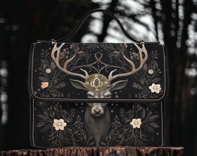 Dark Witchy deer Canvas Satchel bag, Botanical forestcore crossbody purse, Dark Witch Cottagecore Vegan leather trim sark forest goth bag