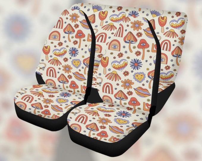 Retro Groovy Vibes Car Seat Cover for Women Universal Fit, Cute Colorful 70s Bucket Seat Cover for Car Vehicle, Aesthetic Car Seat Cover