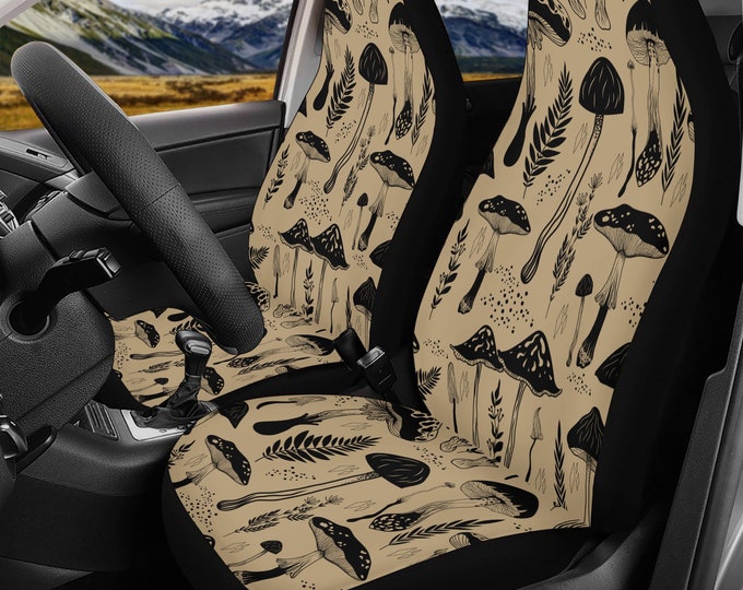 Beige Fern Mushroom Witchy Car Seat Covers for Vehicle Full Set, Front and Back Set Car Interior Decor, Cottagecore Forest Women Nature Gift