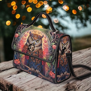 Sac cartable en toile Magical Owl Dark academia, Witchy Dark Cottagecore Whimsy goth Black poétique Vegan leather trim crossbody messenger bag image 1