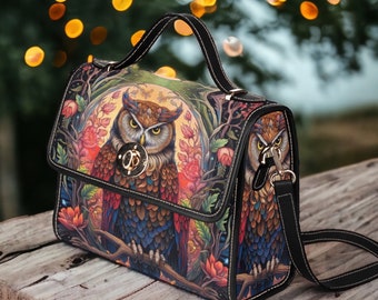 Bolso satchel de lona Magical Owl Dark academia, Witchy Dark Cottagecore Whimsy goth Black poético Bolso bandolera con ribete de cuero vegano