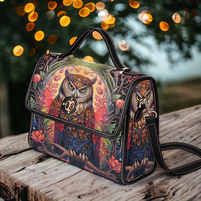 Magical Owl Dark academia canvas satchel bag, Witchy Dark Cottagecore Whimsy goth Black poetic Vegan leather trim crossbody messenger bag image 1