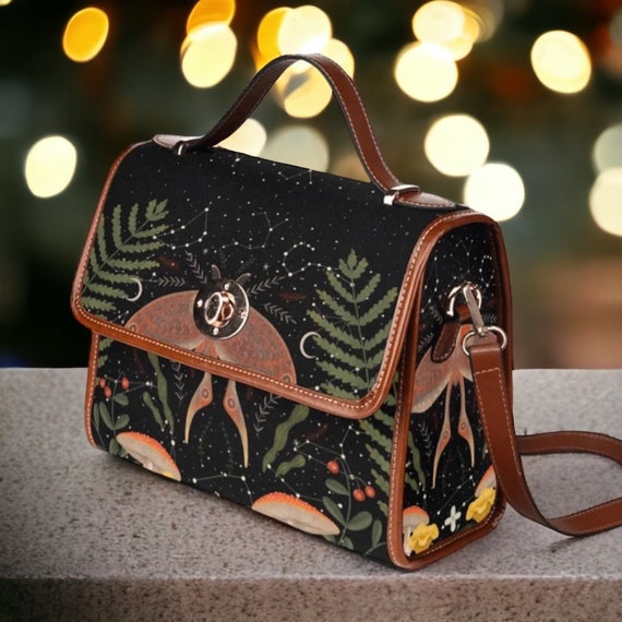 Cottagecore witch Canvas Satchel bag, women mushroom forest crossedbody purse, cute vegan leather strap hand bag goth bag, hippies boho gift