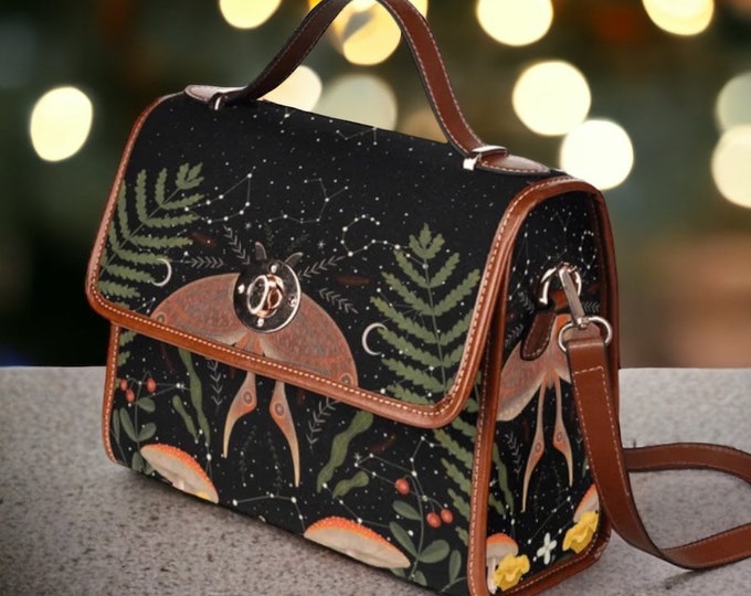 Cottagecore witch Canvas Satchel bag, women mushroom forest crossedbody purse, cute vegan leather strap hand bag goth bag, hippies boho gift