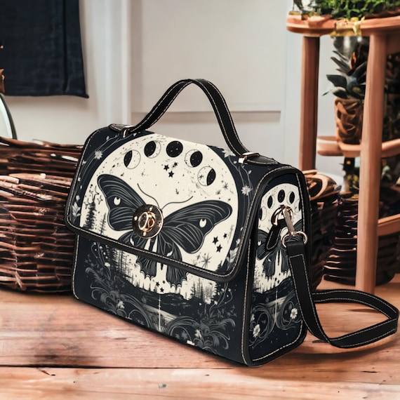 Cottagecore Moth and Moon Phases Canvas Satchel Bag, Witch Moon Phases Crossed body vegan leather strap hand bag, goth bag hippies boho gift