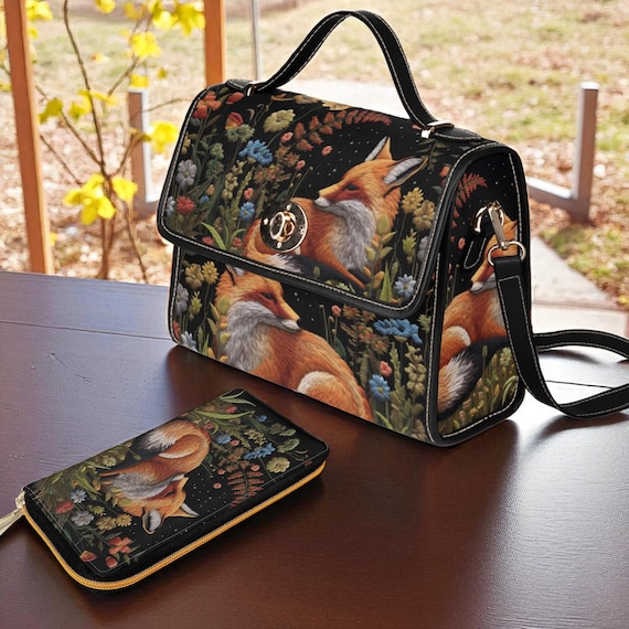 Boho Faux-Embroidered Fox Handbag & Wallet, Boho Cottagecore Witchy Fox Purse, Naturecore Fox Floral HandBag, Dark Forestcore Fox Wallet