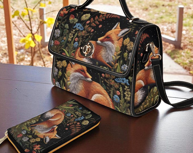 Boho Faux-Embroidered Fox Handbag & Wallet, Boho Cottagecore Witchy Fox Purse, Naturecore Fox Floral HandBag, Dark Forestcore Fox Wallet